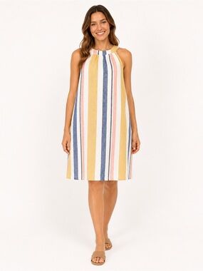 C&C | Linen Striped Round Neckline Lightweight Comfy Relaxed Summer Midi Dress